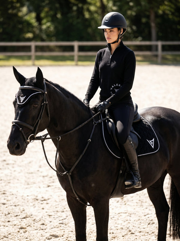 Black velvet saddle pad, lifestyle — Valerie Equestrian