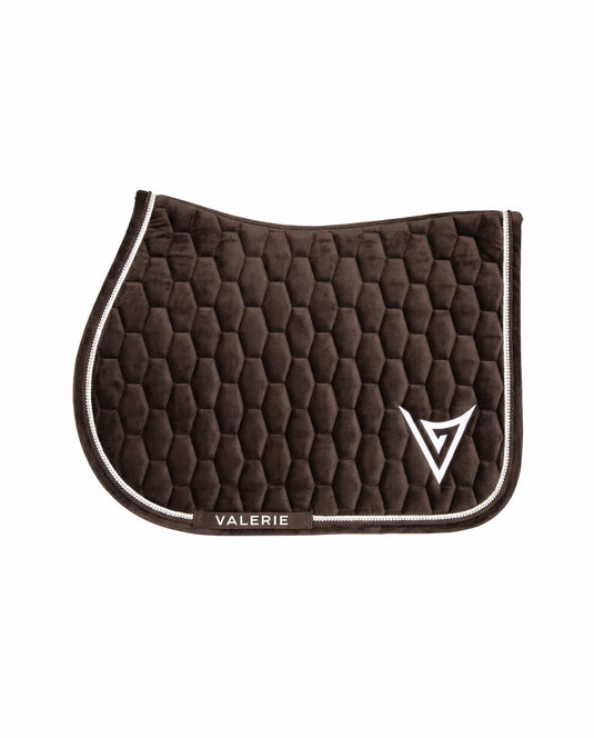 Chocolate velvet jumping saddle pad with clear crystal trim, front — Valerie Equestrian Elegance