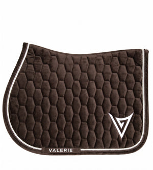 Chocolate velvet jumping saddle pad with clear crystal trim, front — Valerie Equestrian Elegance