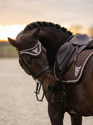 Chocolate velvet jumping saddle pad with crystals — Valerie Equestrian