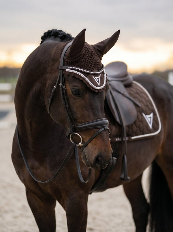 Chocolate velvet jumping saddle pad with crystals — Valerie Equestrian