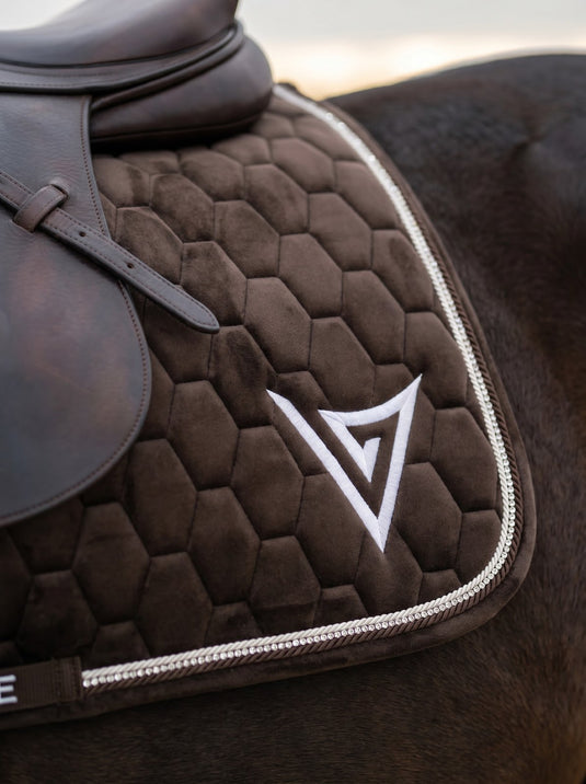 Chocolate velvet jumping saddle pad with clear crystal trim, front — Valerie Equestrian Elegance