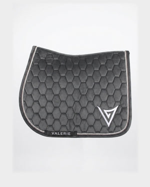 Grey velvet jumping saddle pad with clear crystal trim, front — Valerie Equestrian Wisdom