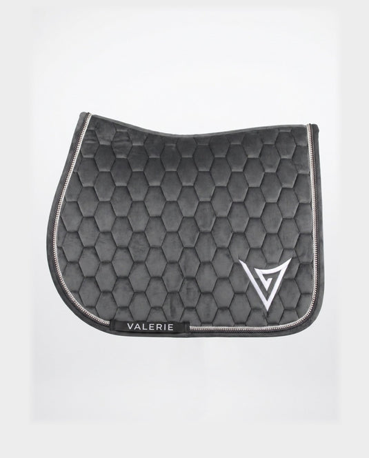 Grey velvet jumping saddle pad with clear crystal trim, front — Valerie Equestrian Wisdom
