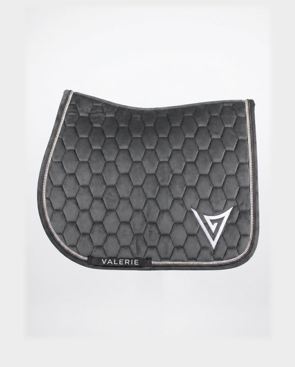 Grey velvet jumping saddle pad with clear crystal trim, front — Valerie Equestrian Wisdom