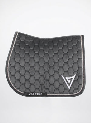 Grey velvet jumping saddle pad with clear crystal trim, front — Valerie Equestrian Wisdom