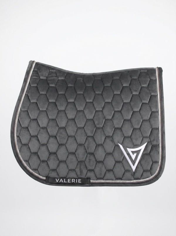 Grey velvet jumping saddle pad with clear crystal trim, front — Valerie Equestrian Wisdom