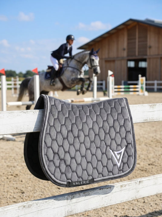 Grey velvet jumping saddle pad with clear crystal trim, front — Valerie Equestrian Wisdom