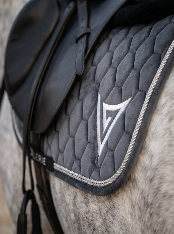 Grey velvet saddle pad, lifestyle — Valerie Equestrian