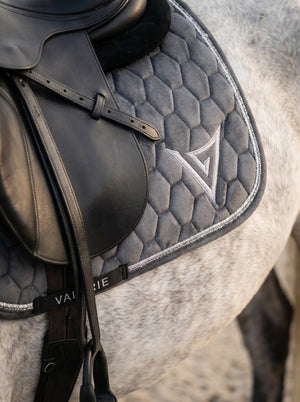 Grey velvet saddle pad, lifestyle — Valerie Equestrian